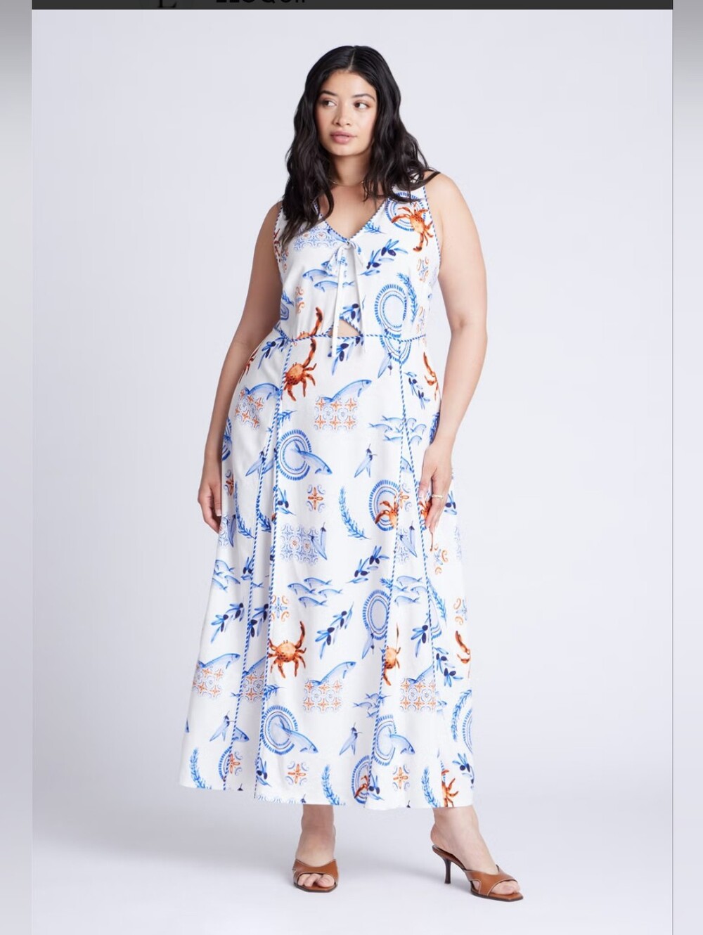 ELOQUII Roping Detail Printed Maxi Dress Plus Size 28 Coastal Nautical Fish